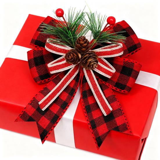 Рождественский джутовый клетчатый бант с сосновыми шишками, сосновыми иглами, большой клетчатый бант «буффало», клетчатый бант для праздничных поделок, домашней вечеринки, украшения елки