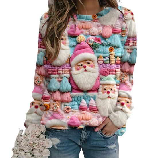 Christmas Sweatshirt Women 3D Xmas Tree House Print Crew Neck Long Sleeve Tops Lightweight Holiday Pullover Tops