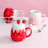 Cute Ceramic Cup with Lid Spoon Girl Strawberry Mug Couple Coffee Breakfast Cup Student Household Drinking Cup