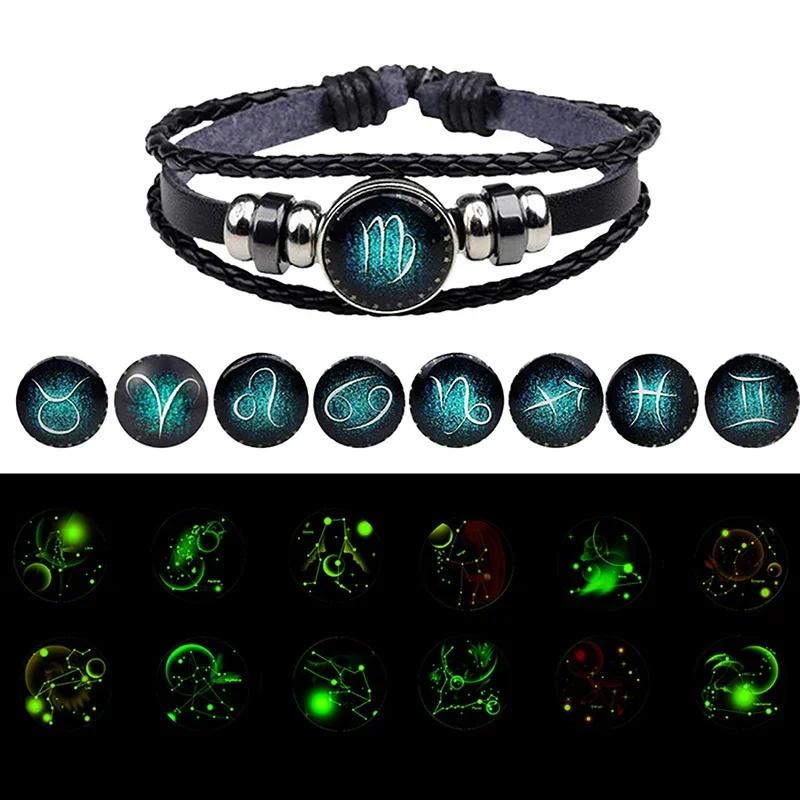 12 Созвездий Светящийся Браслет Мужской Женский Парный Многослойный Плетеный Вручную Браслет-Шарм из ПУ Кожи Ювелирные Изделия Подарки