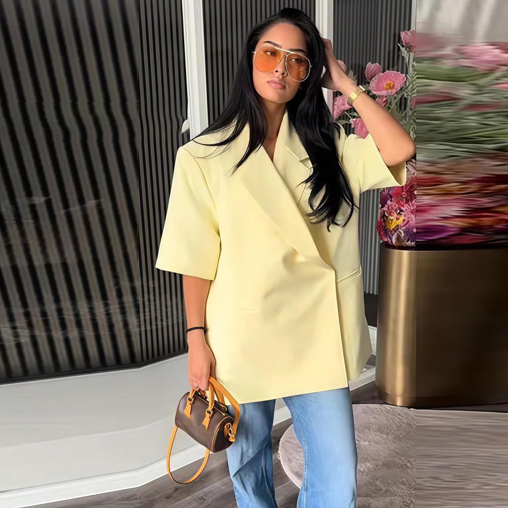 Повседневный женский костюм с лацканами на пуговицах в европейском и американском стиле 2025 года с вариантами короткого и длинного рукава