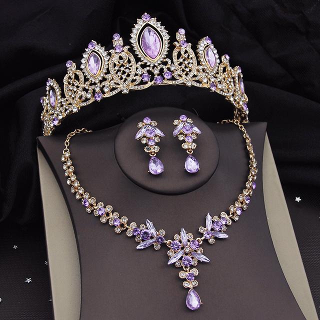 Великолепные роскошные комплекты свадебных украшений с фиалками и кристаллами для женщин, диадемы, ожерелье невесты, серьги, свадебный комплект с короной, аксессуары
