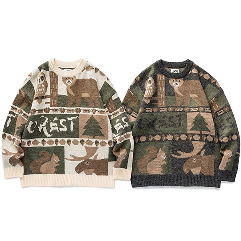 Winter Vintage Sweater Men Japanese Cute Bear Women Knitted Sweater Pullover Hip Hop Harajuku Streetwear Men Clothing Tops