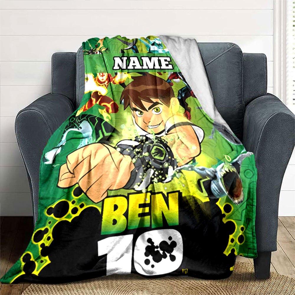 Ben 10 Characters And Placeholder On Green Background Cozy Customizable Blanket Customize Your Name Comfortable Texture Suitable For Sofa Couch Office