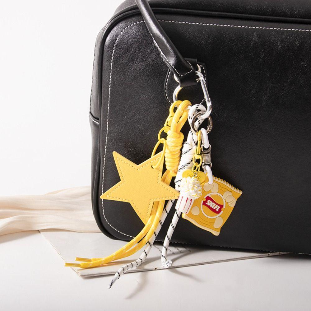 Popcorn Potato Chips Braided Rope Bag Pendant PU Leather Star Keyring Birthday Parties