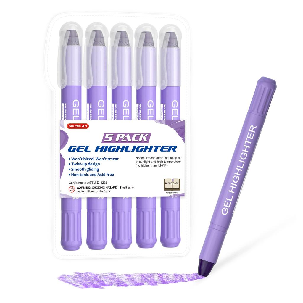 Shuttle Art Highlighter Purple Pastel Solid Fluorescent Fluorescent Retractable Gel with Clear for Marking Convenient Storage Pens, Color, 5-Pack,