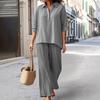 Women's Cotton Linen 2 Piece Set Casual Lapel V Neck Short Sleeve Top Wide Leg Pants Set Summer Loose Lounge Outfits