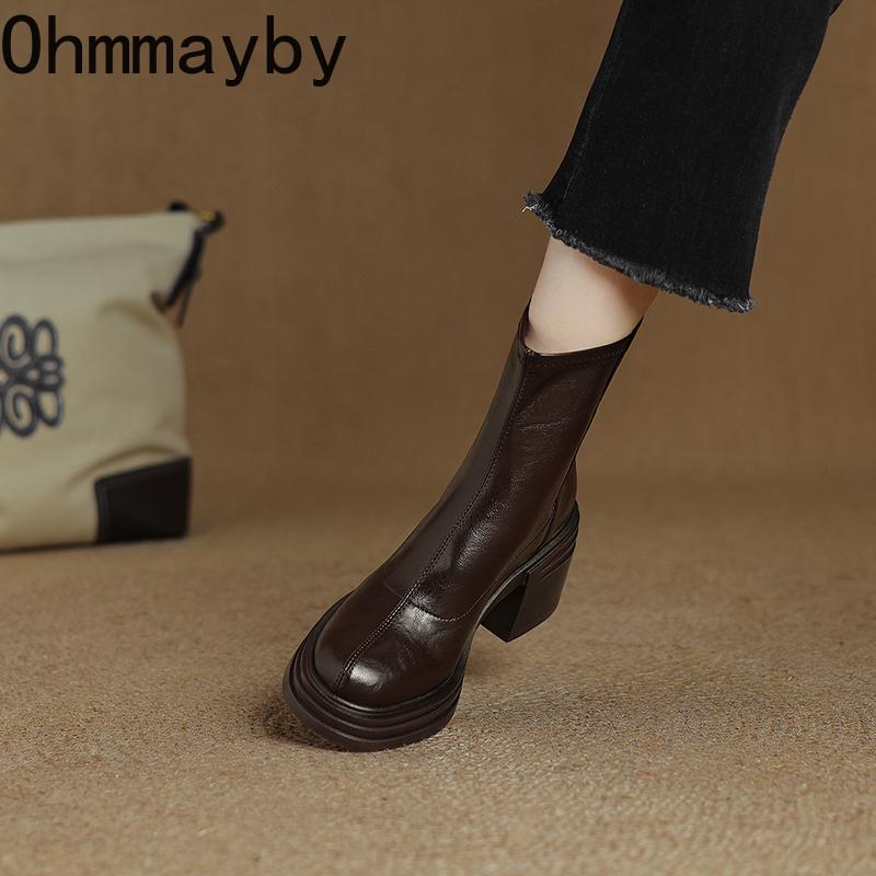 Vintage Platform Heels Women Ankle Boots Fashion Round Toe Stretch Slim Short Booties Shoes Mujer