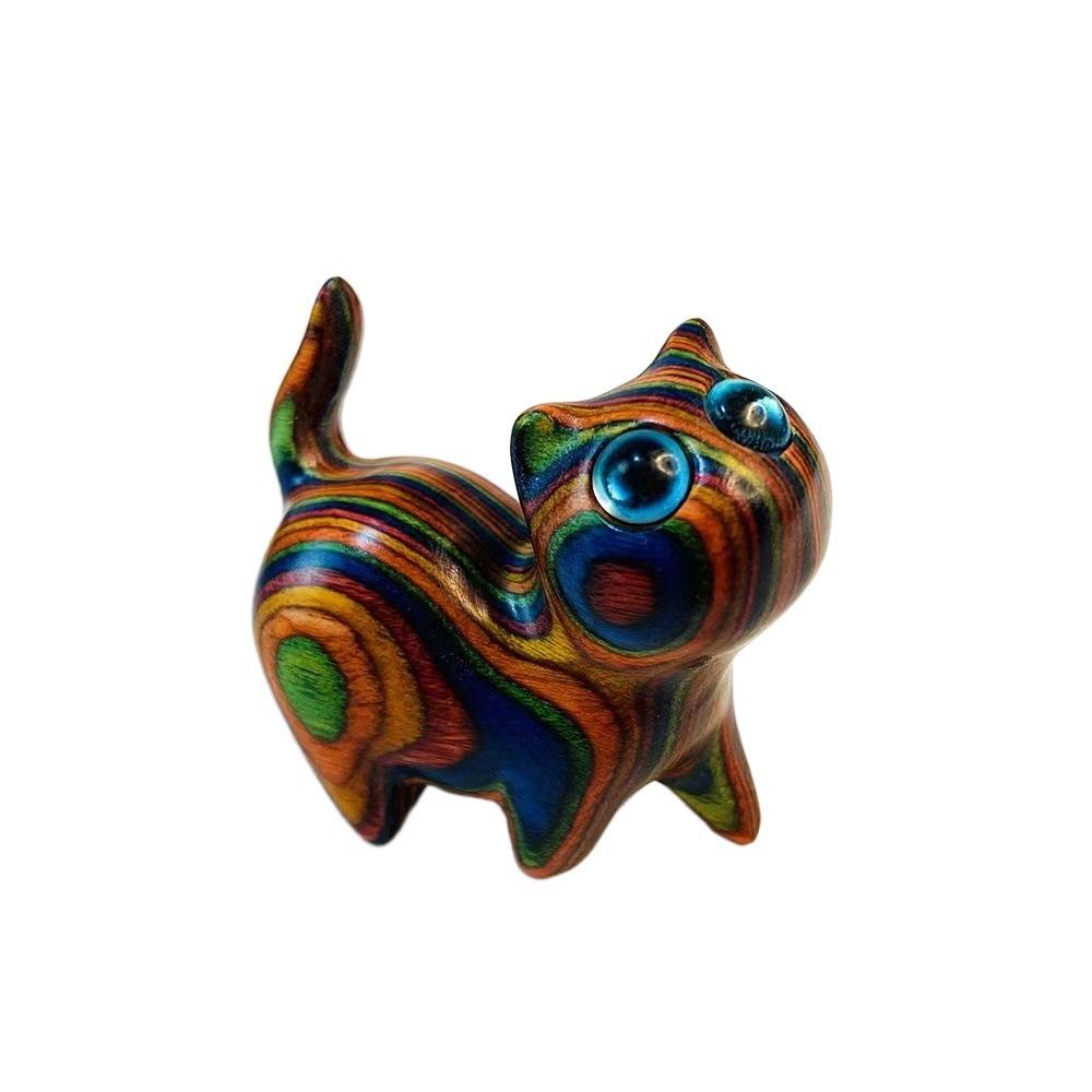 Kawaii Wooden Carved Figurine Mini Rainbow Car Ornament Cat Desktop Figurine Car