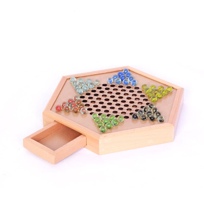 Checker Glass Marbles Wooden Tabletop Game, Chess, Card Game, Competitive Puzzle Toy with Drawer-style Storage.