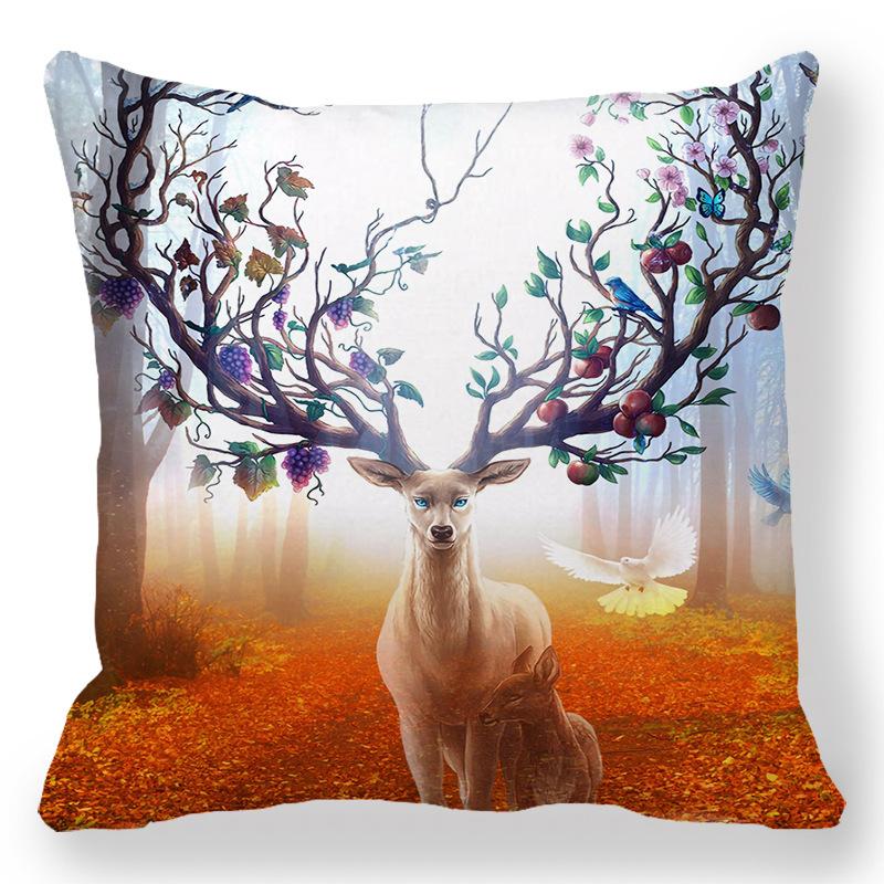 Creative Oil Painting Deer Horn Series Digital Printing Short Plush Pillow Covers For Car Sofa Office Cushion Cover Home Goods