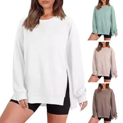 Осенне-зимняя женская толстовка с застежкой-молнией, разрезом, круглым вырезом, свободными толстыми длинными рукавами, однотонными эластичными манжетами, средней длины, повседневный спортивный топ