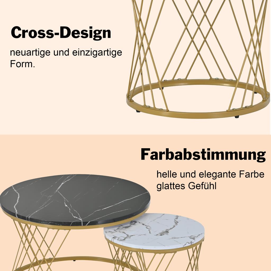 WF300416BAA) Modern Nesting Coffee Table, Coffee Table Set Marble Veneer Sofa Side Nest of Tables Round End Tables, Set of 2, Golden Color Frame