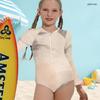Girl s High Neck Long Sleeve Front Zip Printed Blue Orange One Piece Swimsuit