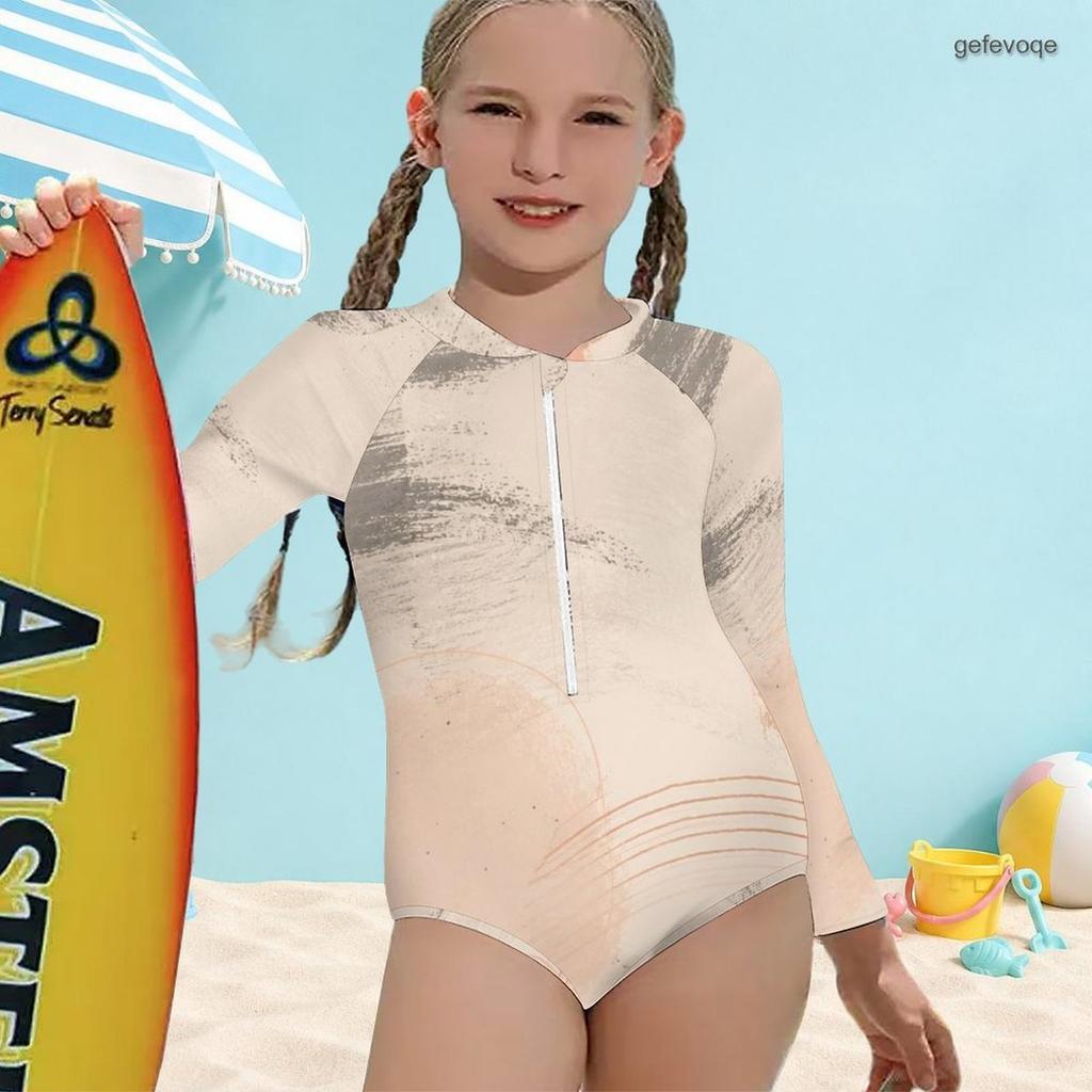 Girl s High Neck Long Sleeve Front Zip Printed Blue Orange One Piece Swimsuit