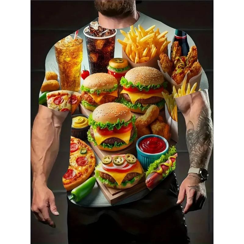 Men's 3D Printed Food Graphic T-Shirts Burgers Fries & Pizza Artistic Design T-shirts Summer Round Neck Short Sleeve Tops