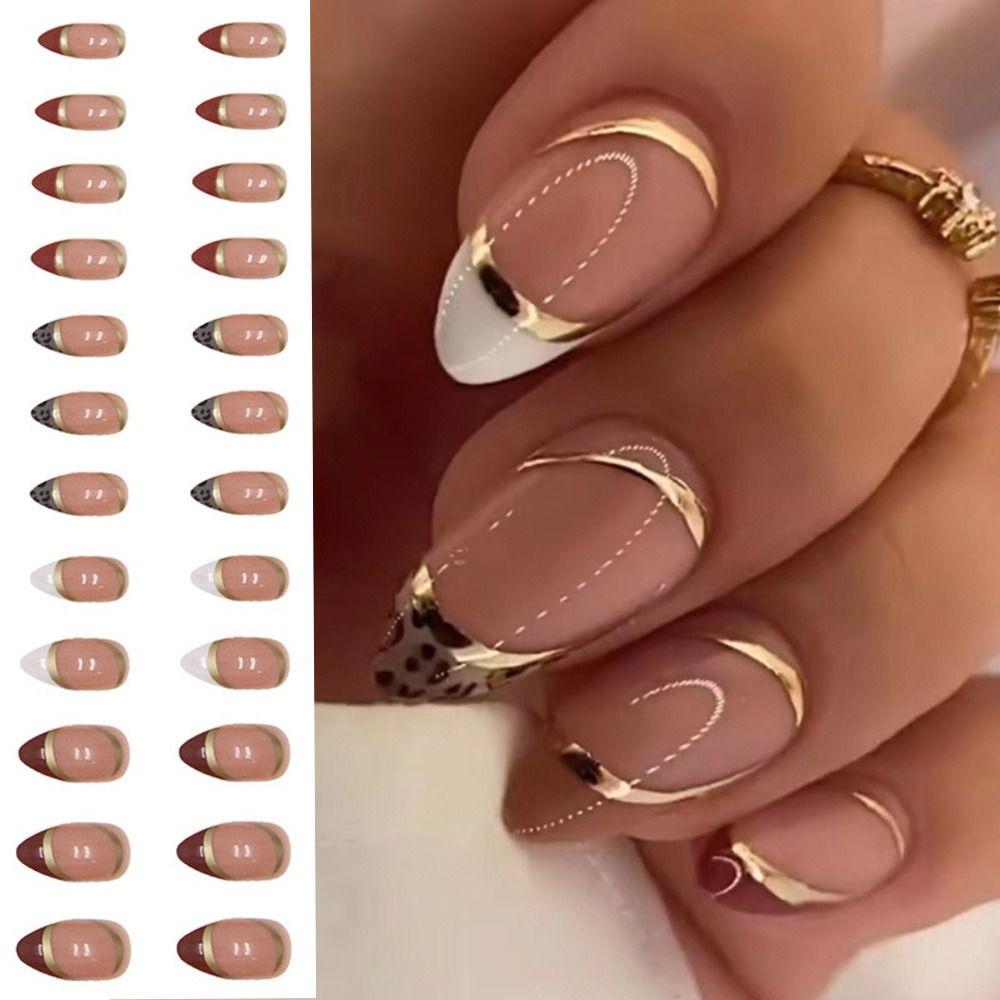 24 шт. маникюр DIY простые накладные ногти французский длинный миндаль золотая линия накладные ногти