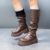 Fashion Studded Block Heel Cotton Boots Autumn New Round Toe Metal Belt Buckle Platform Anti-slip Wear-resistant Mid-tube Boots