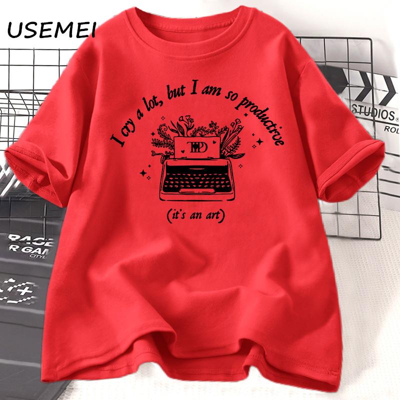 Футболка «Я много плачу, но так продуктивна» Футболки Tortured Poets Хлопковые футболки с коротким рукавом и графическим принтом Летняя женская футболка большого размера