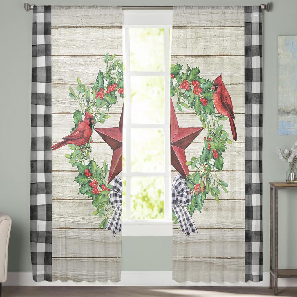 Christmas Berries Cardinals Wood Grain Sheer Curtains For Kids Bedroom Living Room Voile Curtains Xmas Kitchen Tulle Curtain
