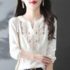 Женские весенне-осенние белые блузки, топы, женские повседневные, с вышивкой, с V-образным вырезом, с длинным рукавом, винтажный свободный топ