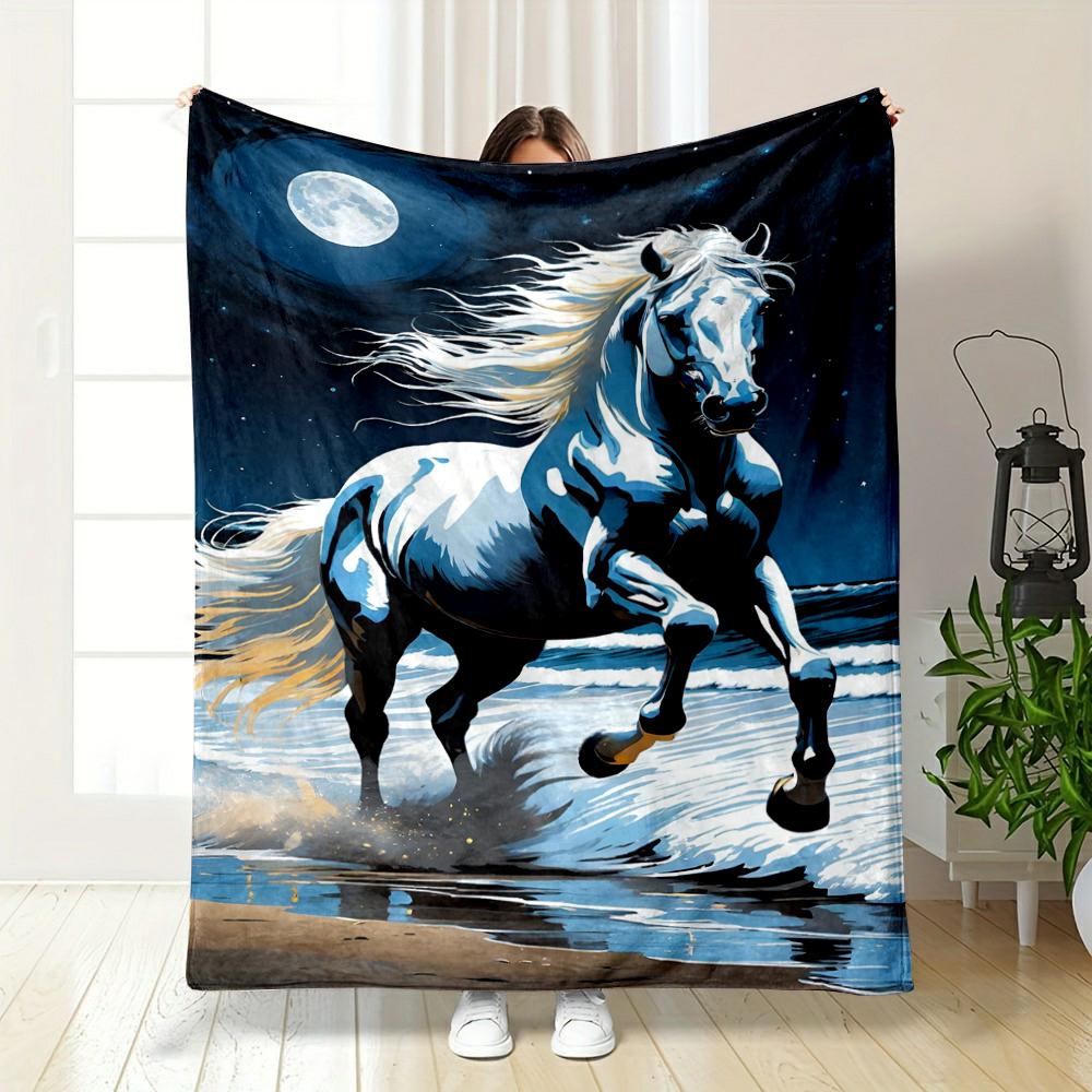 Majestic White Horse Running by Moonlight Flannel blanket for bedroom living room sofa and nap