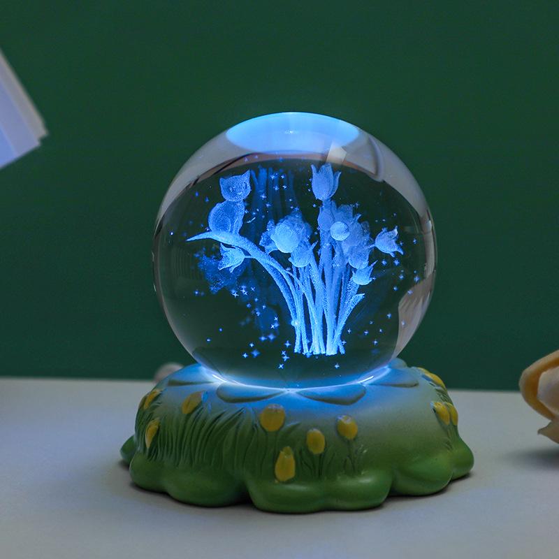 3D Ночник Хрустальный Шар Тюльпан - Светящееся Украшение для Спальни и Подарок на День Рождения для Девочек