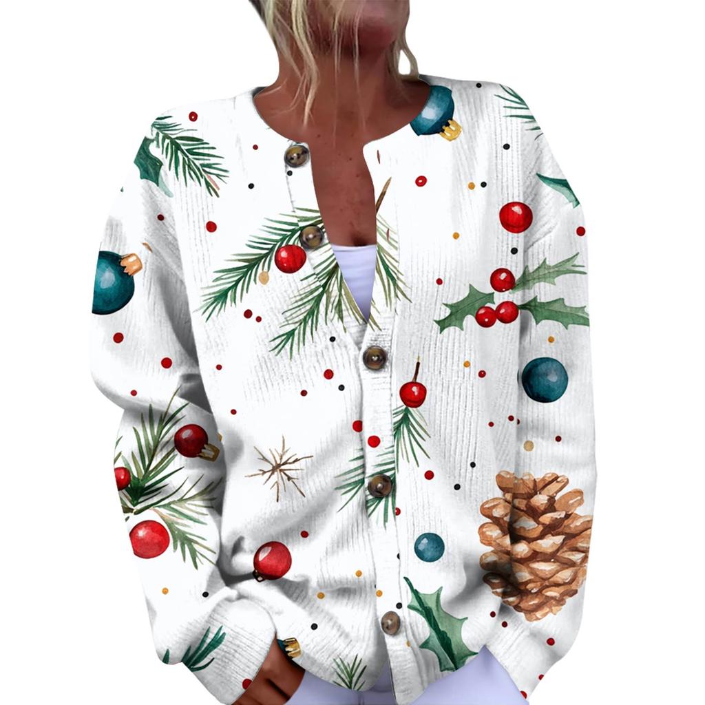 Женская мода рождественский принт длинный рукав вязаный кардиган пуховик