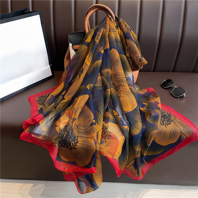 Large Shawl Commuter Sunscreen Light Luxury Silk Scarf Soft Yarn Scarf Women's Large Size Fashion Flower Temperament Simulation Silk