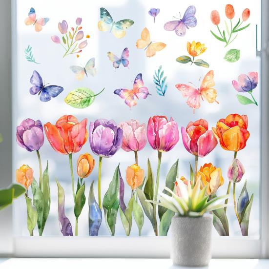 Цветочные наклейки на окна, яркий цвет, тюльпан, бабочка, дизайн, ПВХ-стекло