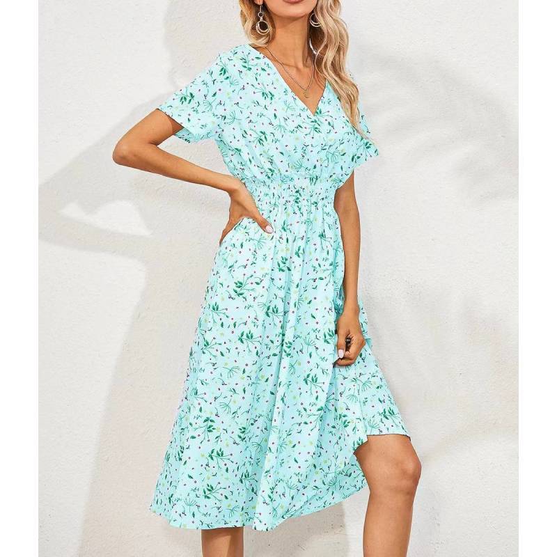 Polyester Floral Print A Line Dress With V Neck For Summer Casual Women