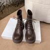 Short Boots Women's Versatile Leather Lace-up Women's Martin Boots Autumn and Winter Loafers Retro Thick-soled Thin Boots