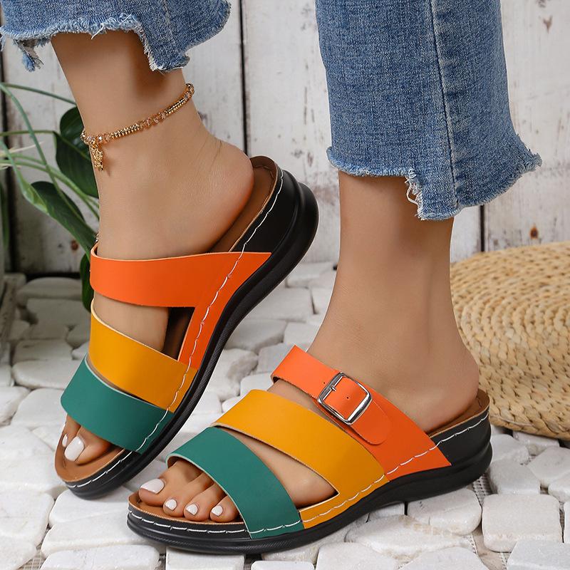 Ladies' Classic Slope Heel Sandals - Comfortable, Lightweight, Set On Style, Open Toe Design, Color Blocked Belt Buckle, Simple Slippers