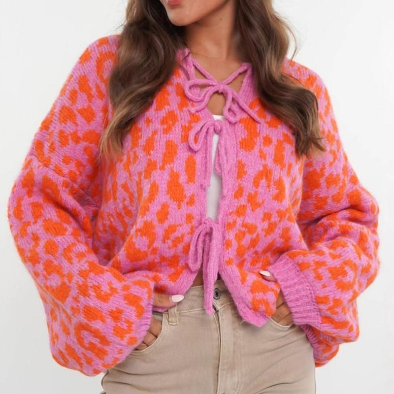 Womens Leopard Print Knit Cardigan With Tie Front Round Neck Long Sleeve Streetwear Sweater