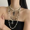 Elegant Rhinestone Pearl Cross Pendant Necklace Women Layering Friendly Delicate Chain Lightweight Luxury Choker Style