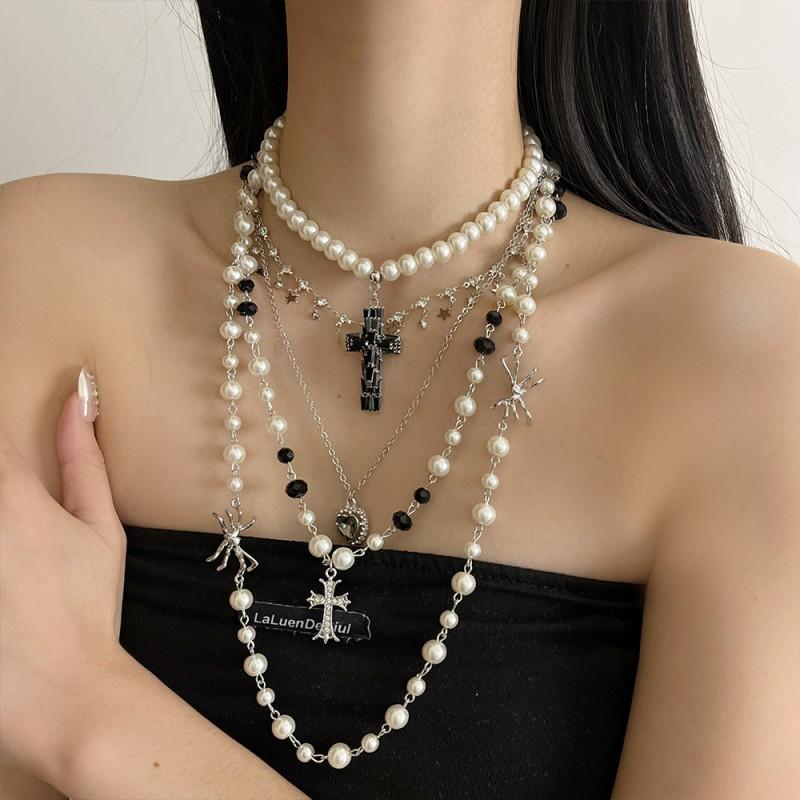 Elegant Rhinestone Pearl Cross Pendant Necklace Women Layering Friendly Delicate Chain Lightweight Luxury Choker Style