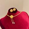 French Retro Court Brushed Camellia Fringed Necklace Neck Chain Choker Diamond Rose Stud Earrings Set