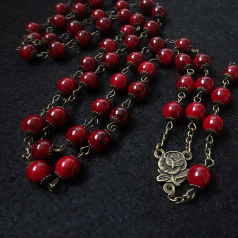 QIGO Антикварная бронзовая Роза Крест Четки Ожерелье Стеклянные Бусины С Чашей Религиозные Украшения
