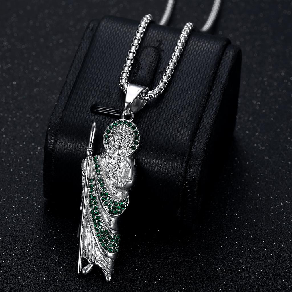 2026 Men's Fashion Personality Party Wear Accessories, Titanium Steel Gold Plated with Green Diamonds St. Jude Pendant Necklace