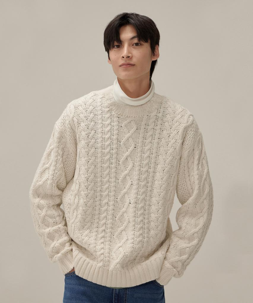 COVERNAT Mixed Texture Fisherman Crew Neck Knit Ivory