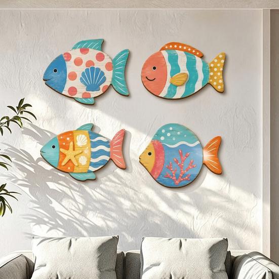 Seaside Bathroom Wall Art 4PCS Aspen Wood Fish Decor, Colorful Hanging Handcrafted Set Art, Beach Theme Decorative Plaques for Living Room Nautical