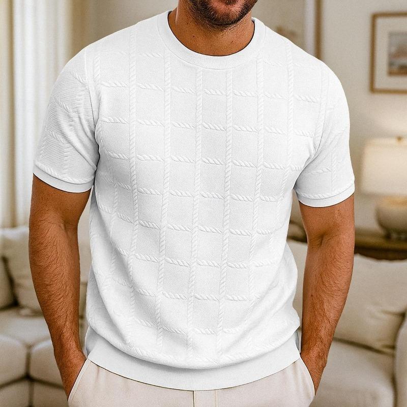 Men's Short Sleeve Jacquard T-Shirt, Loose Fit Crewneck Pullover, Breathable Moisture Wicking Vintage Casual Top