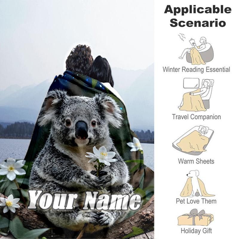 1PC Custom Name Koala Floral Paradise flannel blanket versatile,all-season throw suitable for the living room,bedroom,camping,travel,and gift