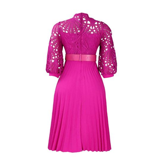 Женское платье миди 45720 с рукавами, кружевное вязаное крючком, с ажурной перфорацией, плиссированное, расклешенное