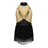 Kids Girls Cha-cha Salsa Latin Dance Costume Shiny Sequins Halter Sleeveless Mesh Waist Keyhole Metallic Back Tassels Leotard Dancewear