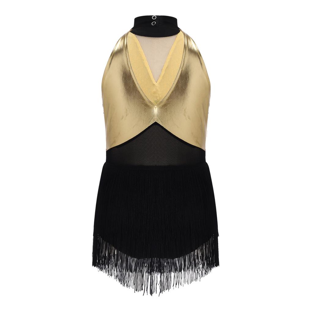 Kids Girls Cha-cha Salsa Latin Dance Costume Shiny Sequins Halter Sleeveless Mesh Waist Keyhole Metallic Back Tassels Leotard Dancewear
