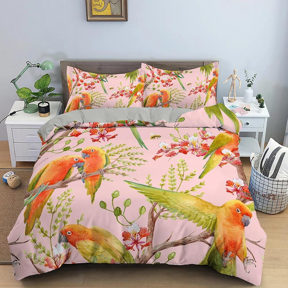 Пододеяльник Lunarable Parrots, реалистичные птицы на ветках, волнистый попугайчик и ара, декоративная тропическая дикая природа для комнаты взрослых