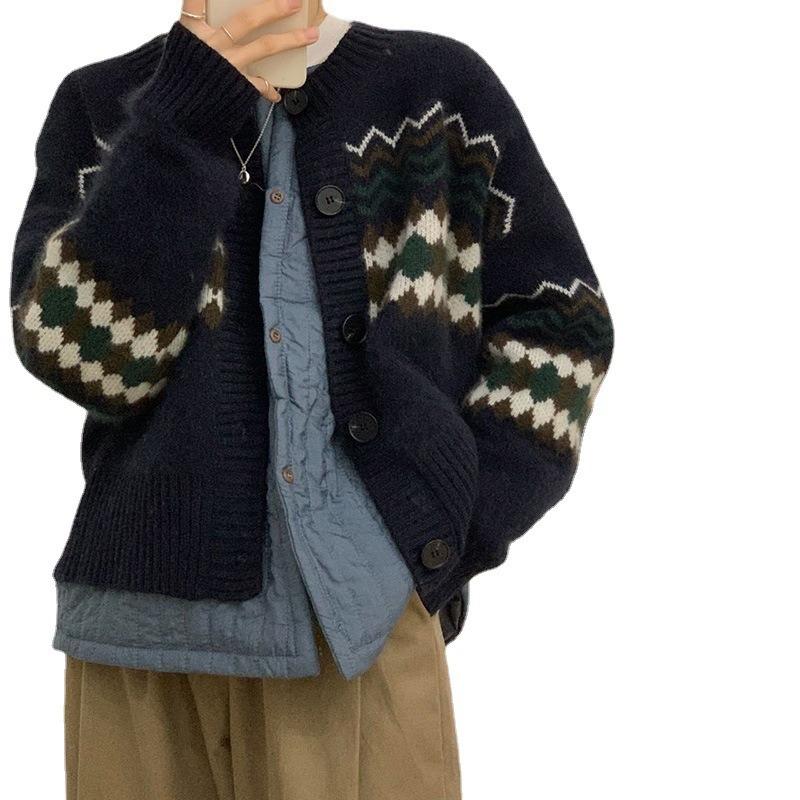 Осень и зима новый свободный повседневный ленивый ветер вязаный кардиган топ женский ретро жаккардовый свитер куртка