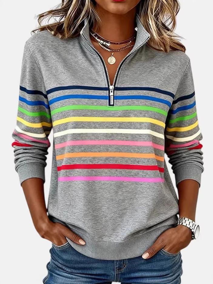 3D Print Striped Zipper Pullover Hoodie for Women