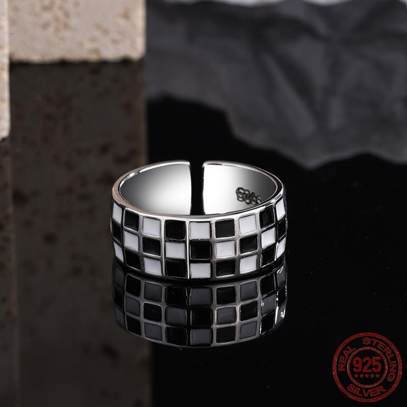 New Trend Cool Black White Grid Band Ring For Women Original 925 Silver Rings Brand Jewelry Gift